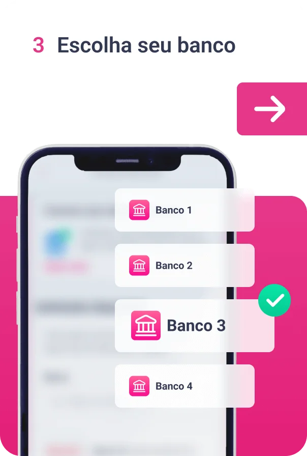 Imagem com o título "3 Escolha seu banco" seguido de uma ilustração mostrando um celular com sua tela desfocada e acima quatro retângulos com ícones de banco seguido pela leganda "banco x". O terceiro retângulo de cima para baixo é ligeiramente maior e possui um ícone de "check" verde acima dele
