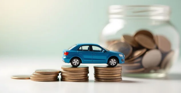 Miniatura de carro azul com pilhas de moedas, simbolizando economia com impostos e seguros. Um pote de vidro contém dinheiro para financiamento e empréstimos de veículos. Conceito de economia desenvolvido para planejamento financeiro relacionado a automóveis.