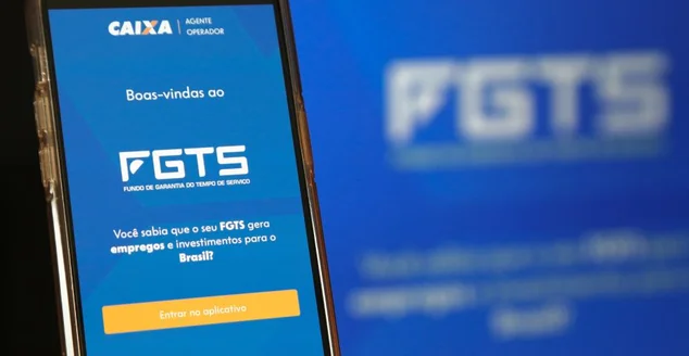 Aplicativo caixa fgts com fundo azul trabalhador seus direitos de receber.