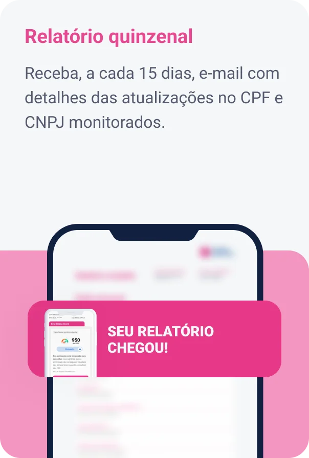 Imagem da tela de um celular com o App Serasa aberto na aba Premium demonstrando o relatório quinzenal