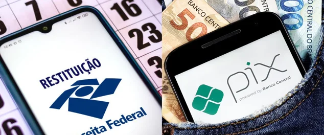 é uma imagem que tem dois lados, do lado esquerdo tem um celular com o logo da receita federal com um calendário no fundo. Já do lado direito tem um celular com o logo do PIX é dinheiro no fundo.