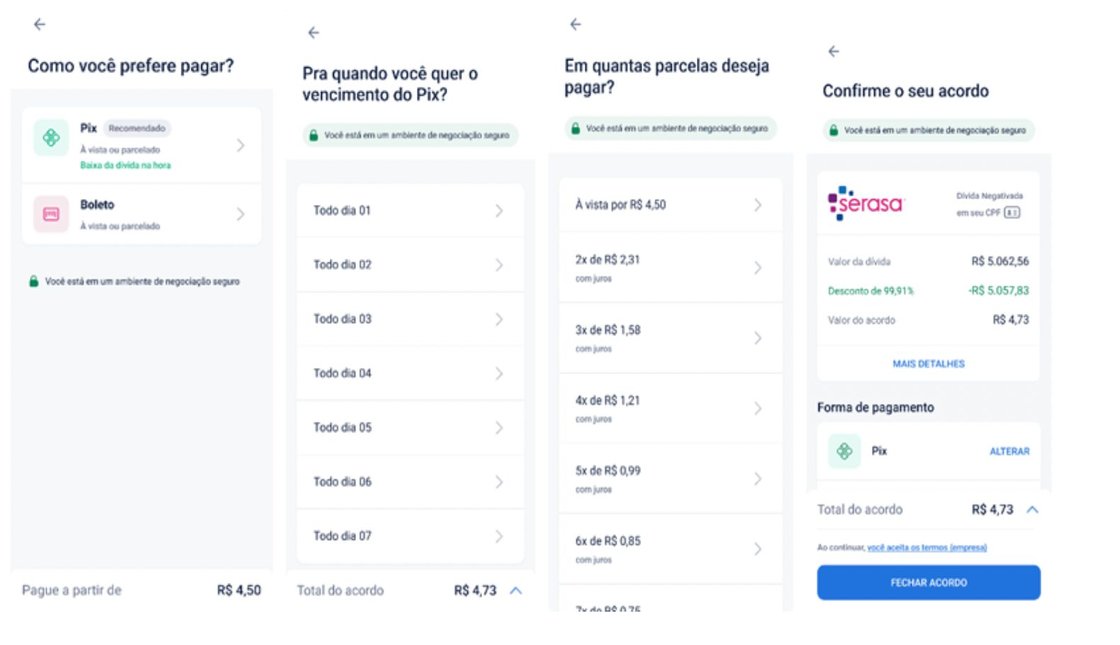 tela mostrando como fazer a finalização do acordo dentro do app da Serasa