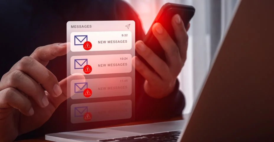 Golpe de SMS ou conceito de phishing de mensagem de texto falsa. Alerta de aviso hackeado do sistema, hack de e-mail, malware fraudulento espalhando vírus em mensagens alerta virtual na tela do smartphone móvel na mão das pessoas pessoalmente.
