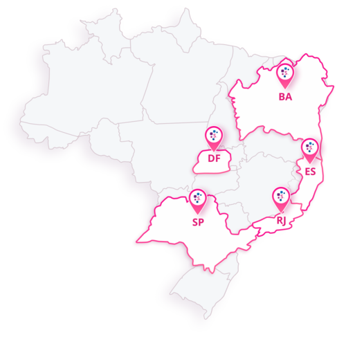 mapa do Brasil com os estados Bahia, Distrito Federal, Espírito Santo e São Paulo destacados.