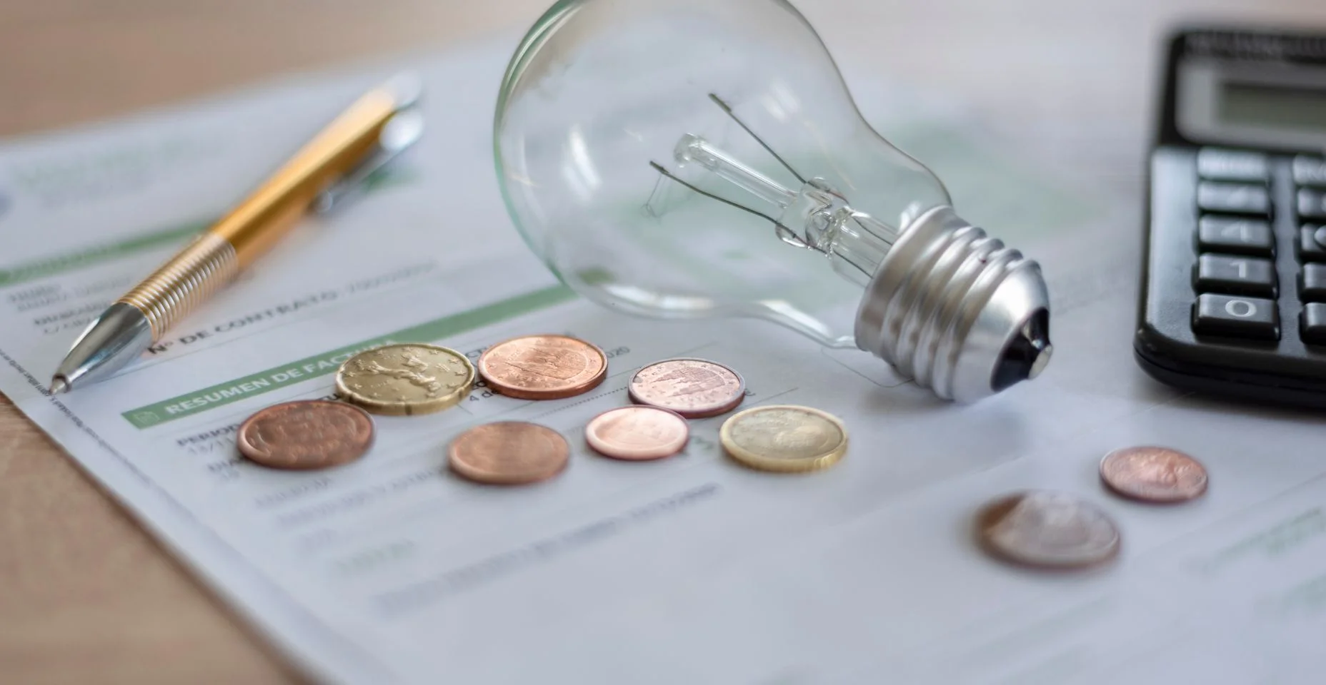 Conta de eletricidade com lâmpada, diversas moedas, calculadora e caneta em cima da mesa. Conceito de preços de eletricidade e pagamentos de impostos.