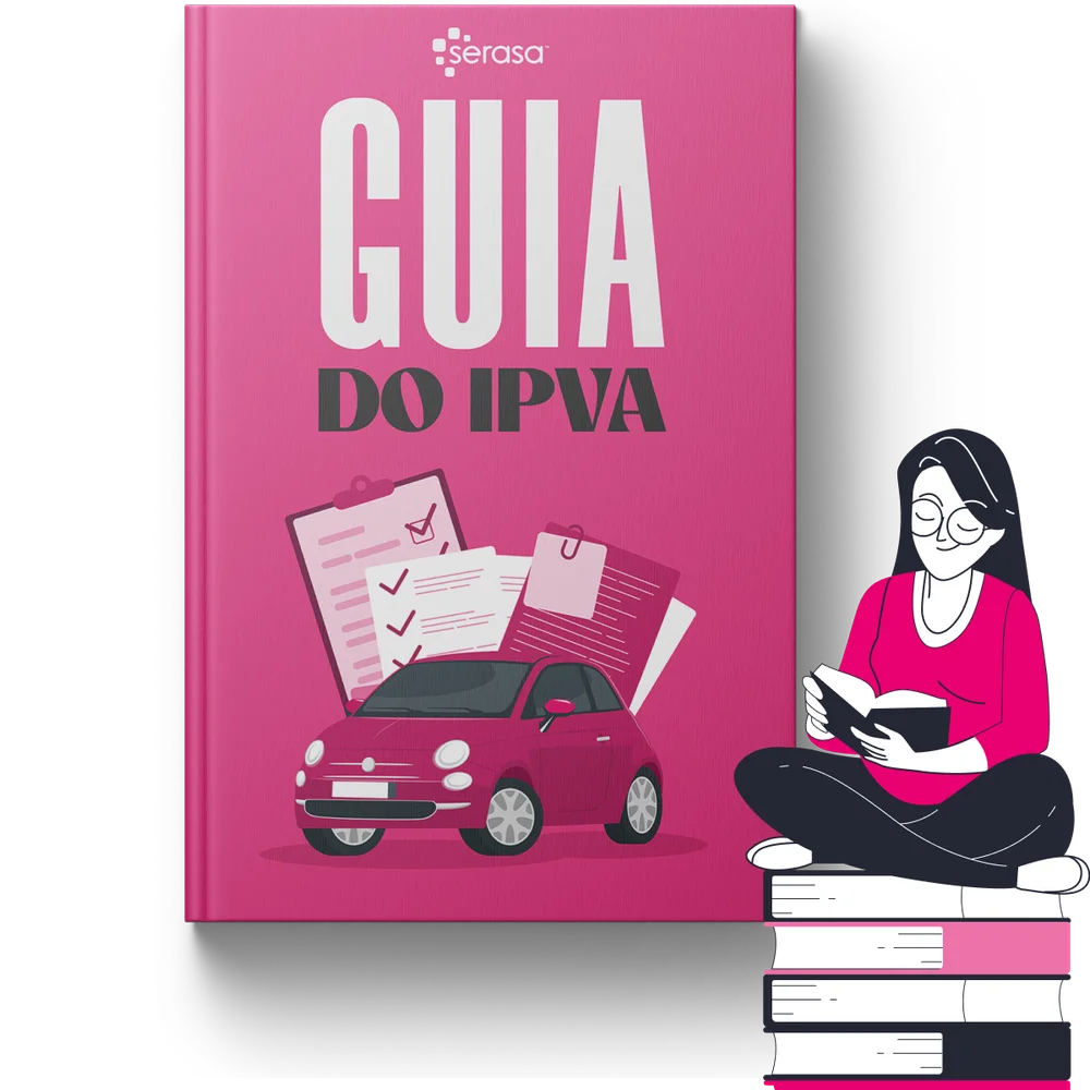 Guia do IPVA 2024 com um desenho de uma mulher olhando o guia