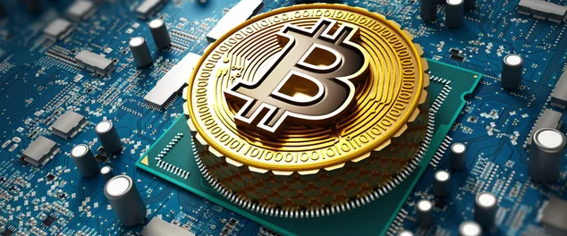 Moeda cripto/conceito do Blockchain com a moeda na placa-mãe