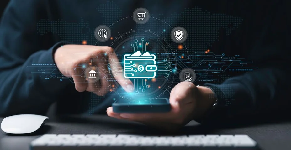 Mão do empresário usando smartphone para pagamento online por carteira digital. Transação em Mobile banking, E-wallet em tecnologia blockchain. transferência, cartão de crédito, financeiro e negócios globais on-line