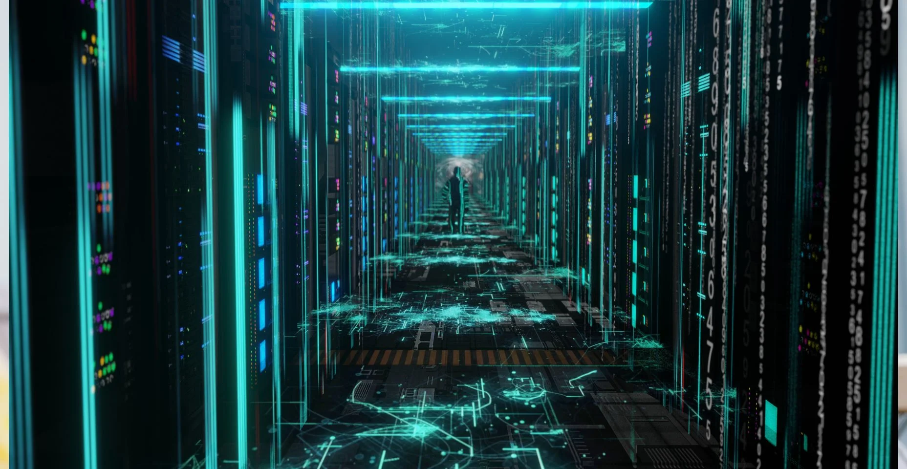 Homem movendo-se através do data center com racks de servidor luzes LED