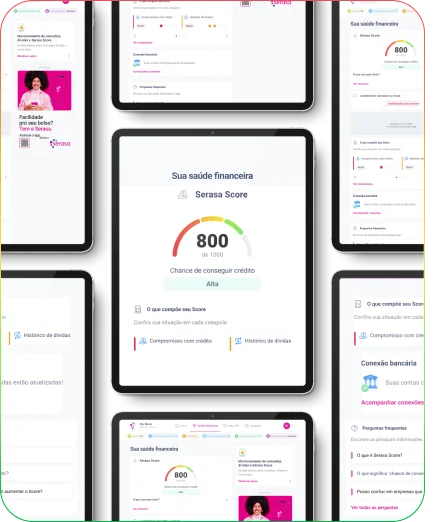 Imagem com vários tablets mostrando a nova Home da consulta do Serasa Score, com uma tela central mostrando 800 pontos de Score