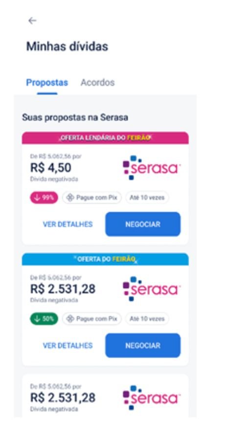 Imagem da aba "minhas dividas" do app Serasa