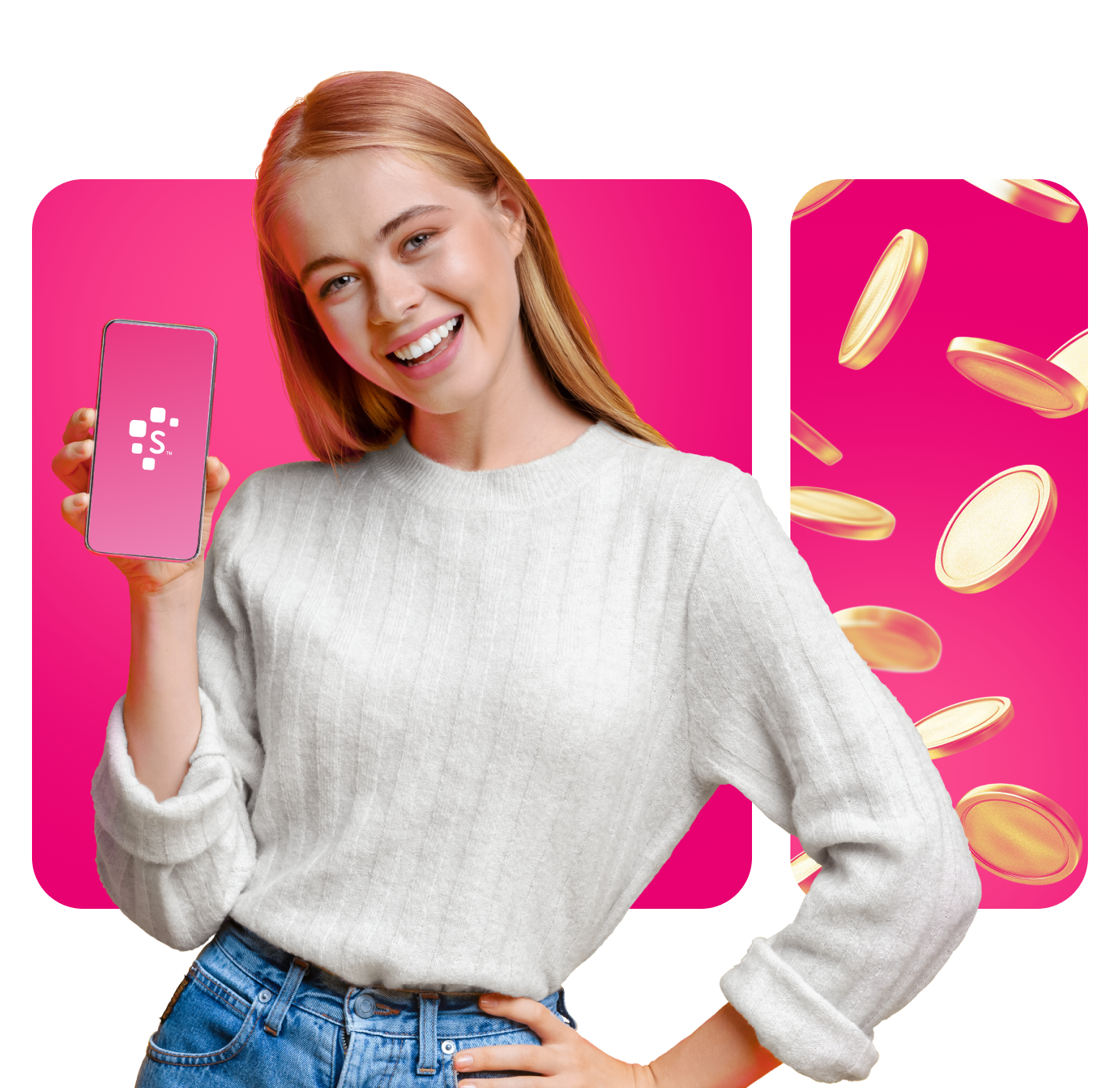 Mulher sorridente mostrando celular com logo da Serasa, em fundo rosa com moedas douradas