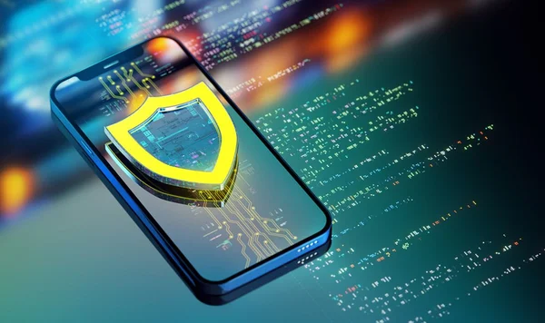 Celular com escudo defensor na tela. Simbolizando proteção de dados