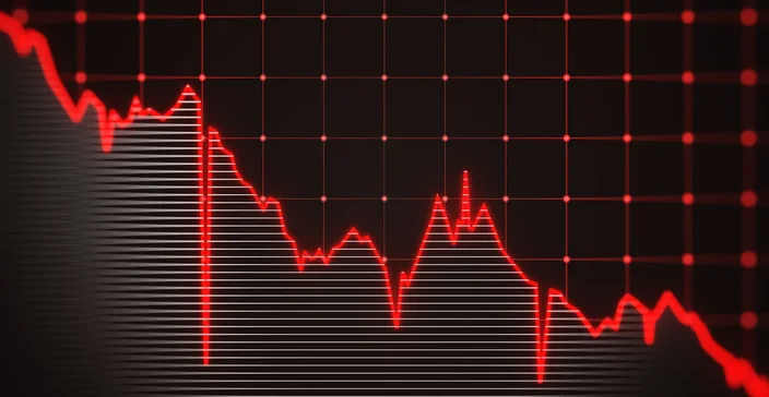 Fundo do gráfico financeiro vermelho em queda. Renderização 3D