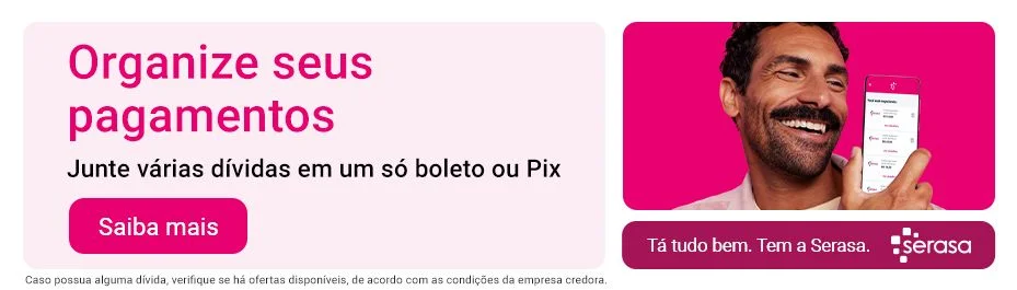 Organize seus pagamentos. Junte várias dívidas em um só boleto ou pix. saiba mais. Caso possua alguma dívida, verifique se há ofertas disponíveis, de acordo com as condições da empresa credora. Serasa.