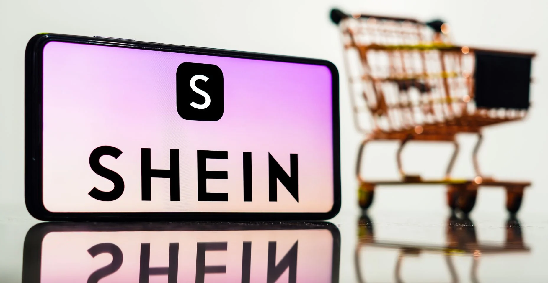 Nesta ilustração fotográfica, o logotipo da Shein é exibido em um smartphone junto com um carrinho de compras.