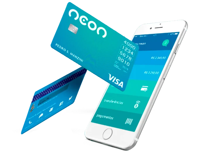Celular com cartões de crédito e tela do banco Neon