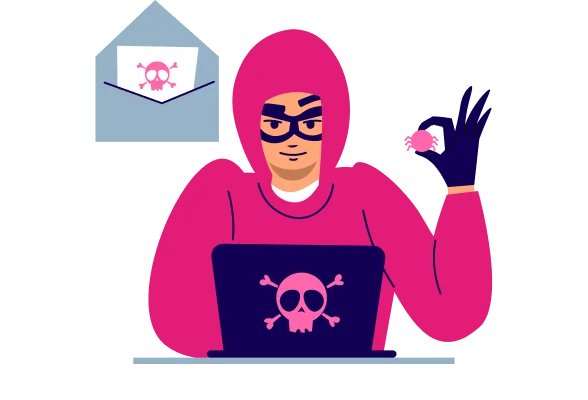 Ilustração de um homem mascarado e vestindo gorro atrás de um notebook com um adesivo de caveira, demonstrando o golpe de Phishing