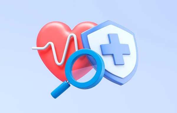 Coração vermelho com uma linha de eletrocardiograma (ECG), um escudo com uma cruz médica e uma lupa.