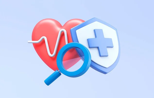 Coração vermelho com uma linha de eletrocardiograma (ECG), um escudo com uma cruz médica e uma lupa.