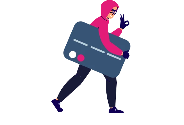 Ilustração de um homem mascarado e vestindo gorro fugindo com um cartão de crédito nas mãos, demonstrando o golpe de Fraudes Financeiras