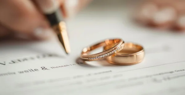 Close das mãos de um casal assinando a certidão de casamento, símbolo da promessa e do início de um novo capítulo juntos.