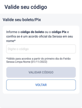 Tela do validador de boleto App Serasa