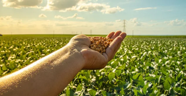 Mão segurando soja com platação e céu no horizonte e detalhes em macro