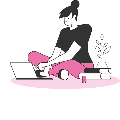Ilustração de uma mulher sentada mexendo no notebook
