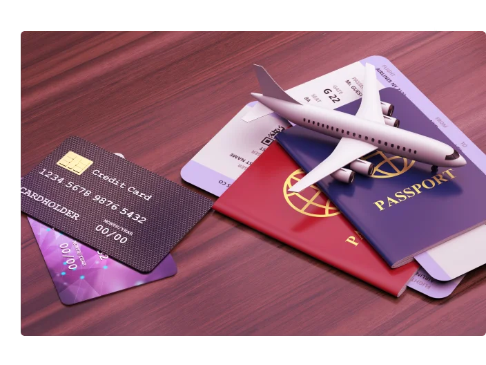 Cartões de crédito e passaportes em fundo de madeira. Pagamento eletrônico para férias e conceito de viagem. Ilustração 3d