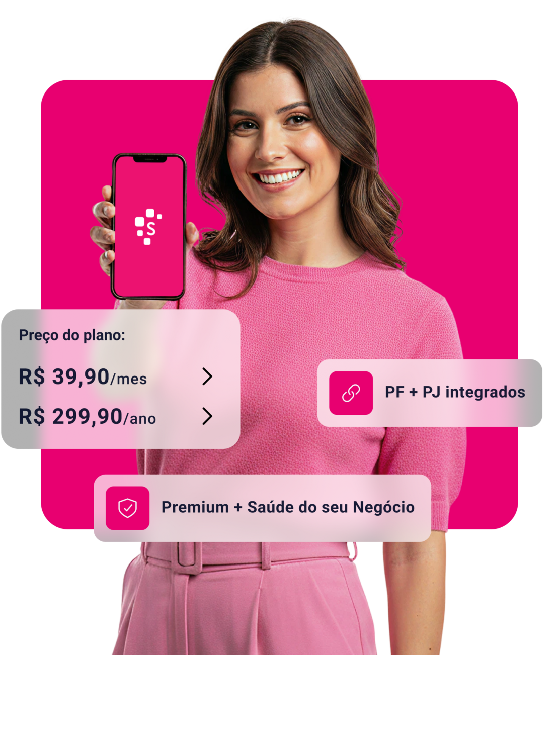 Pessoa com cabelos longos e ondulados veste uma blusa rosa e segura um smartphone na mão, exibindo a tela voltada para a frente. 