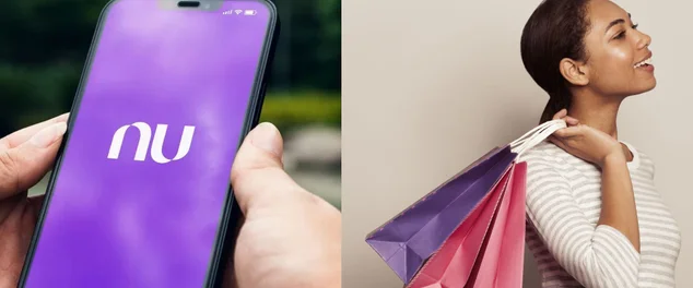 imagem metade uma mão segurando um celular com o logo da Nubank é a outra metada com Modelo feminina negra fofa curtindo vendas e segurando sacolas de compras