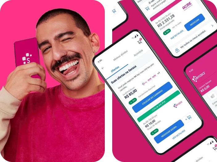 Homem Sorrindo e ao lado um celular no app da Serasa.