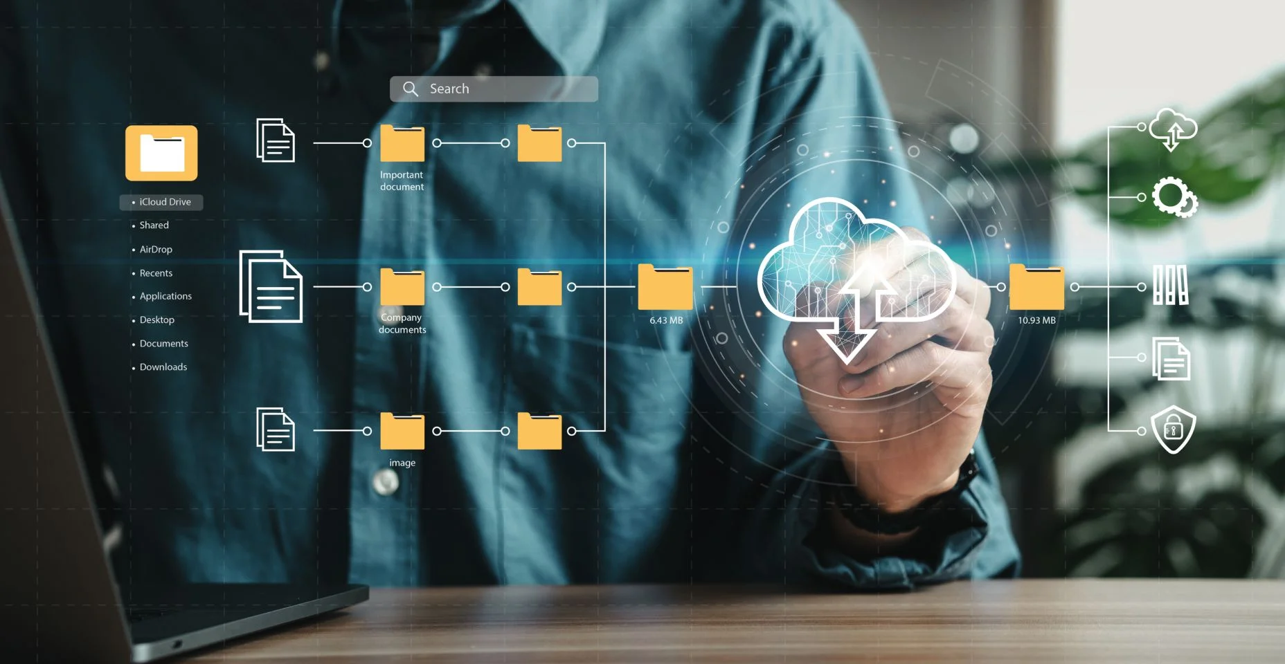 Homem usando laptop mostrando diagramas de computação em nuvem troca de informações de tecnologia digital e ideias tecnológicas futuras Conceitos de Gerenciamento de Documentos de Dados (DMS) Conceitos de rede e serviços de Internet