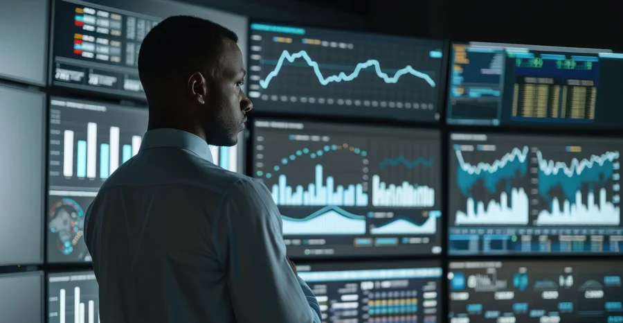 Verificação de investidores profissionais enquanto olha o gráfico financeiro na área de trabalho dos monitores. Empresário analisando gráfico estatístico do mercado de ações ao tomar decisão de investimento no mercado de ações.