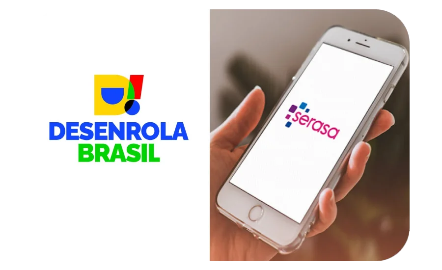 logo do desenrola Brasil e celular com o App da Serasa abrindo