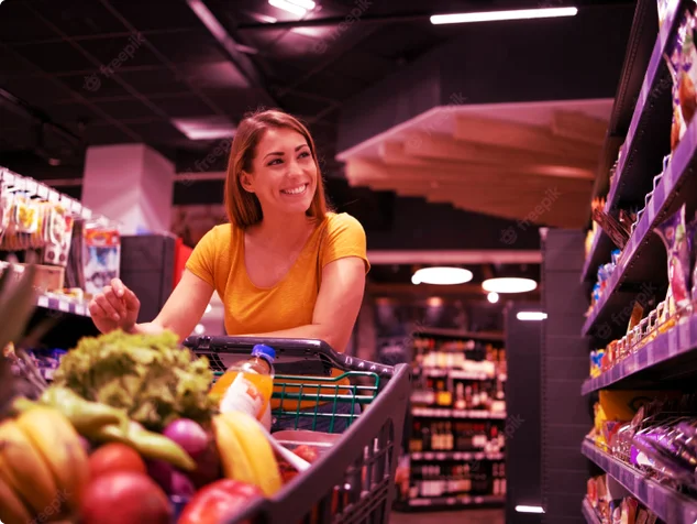 Mulher no supermercado fazendo compras com seu ticket-alimentação