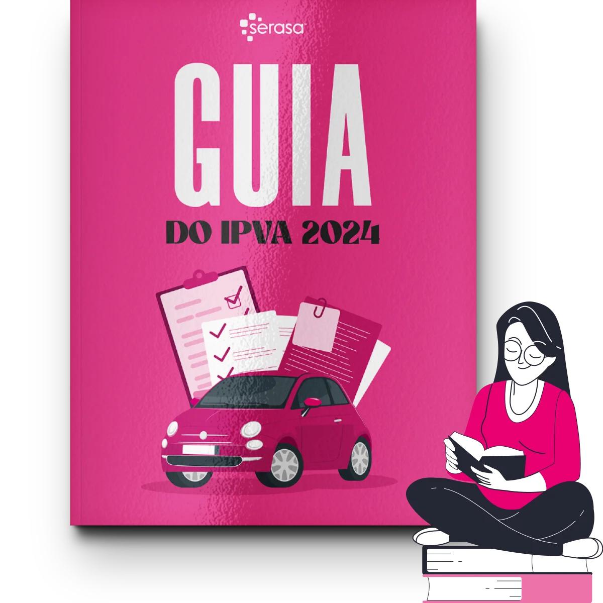 Guia do IPVA 2024 com um desenho de uma mulher olhando o guia