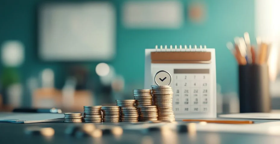 Uma pilha de moedas ao lado de um calendário, simbolizando orçamento e planejamento financeiro em um ambiente de trabalho moderno.