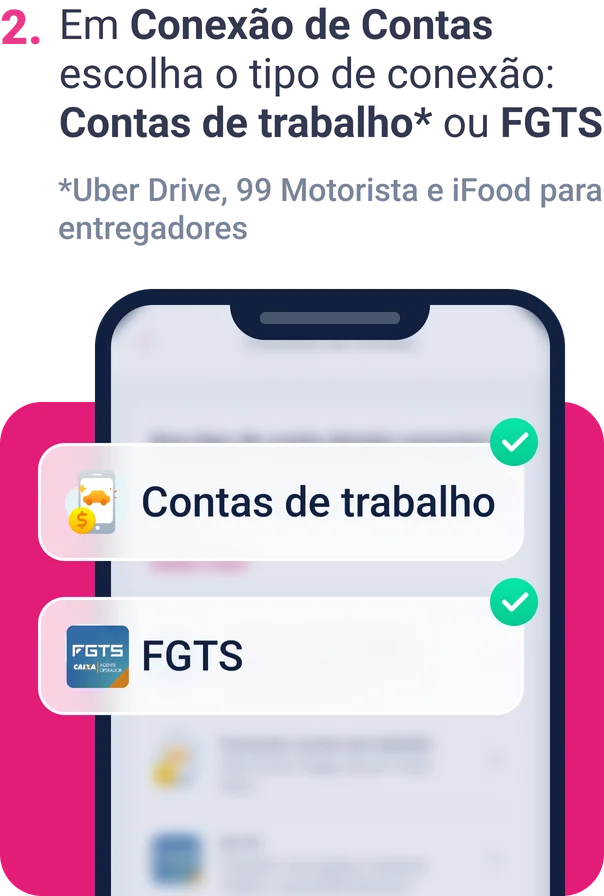 Imagem com o título "2. Em Conexão de Contas escolha o tipo de conexão: Contas de trabalho* ou FGTS" seguido de uma ilustração mostrando um celular com sua tela desfocada e um retângulo contendo uma ilustração de um carro seguido da frase "Contas de trabalho"