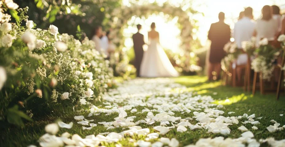 Foto de flores no corredor do casamento, pétalas, vista de uma cerimônia de casamento, noivos fazendo votos