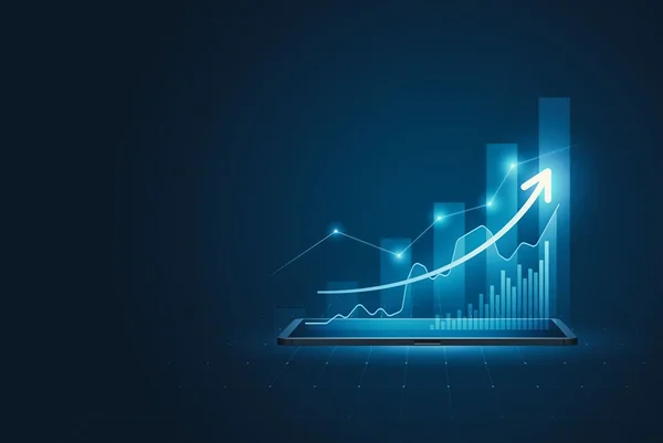 Gráfico de crescimento virtual do tablet 3D sobre o fundo da estratégia de tecnologia digital com relatório de análise de gráficos de dados financeiros ou lucro da tela de diagrama de investimento de sucesso.