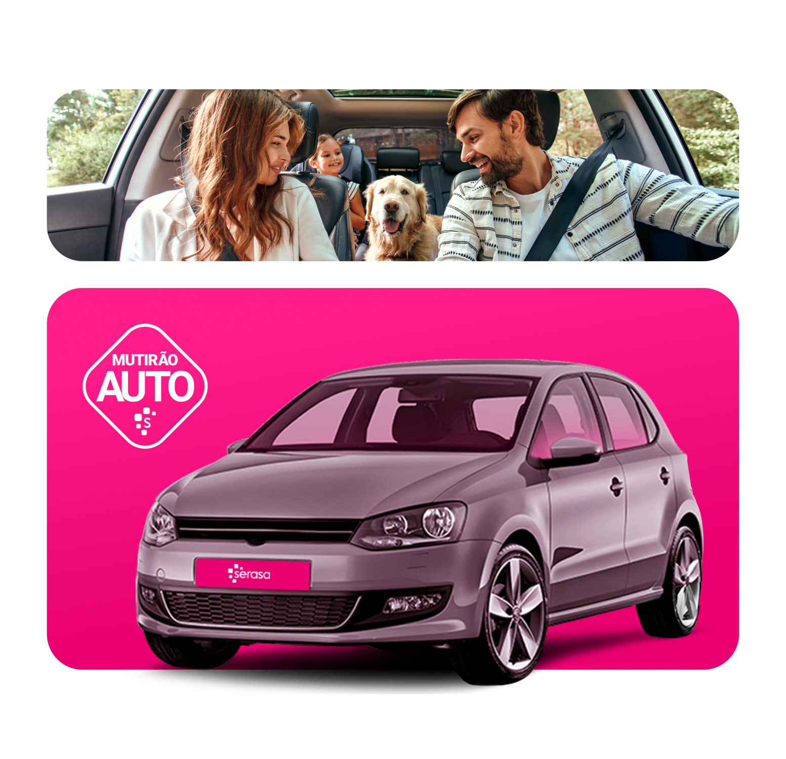 KV da Campanha Mutirão Auto - imagem com um carro cinza e a foto de uma família carregando o porta-malas de um carro