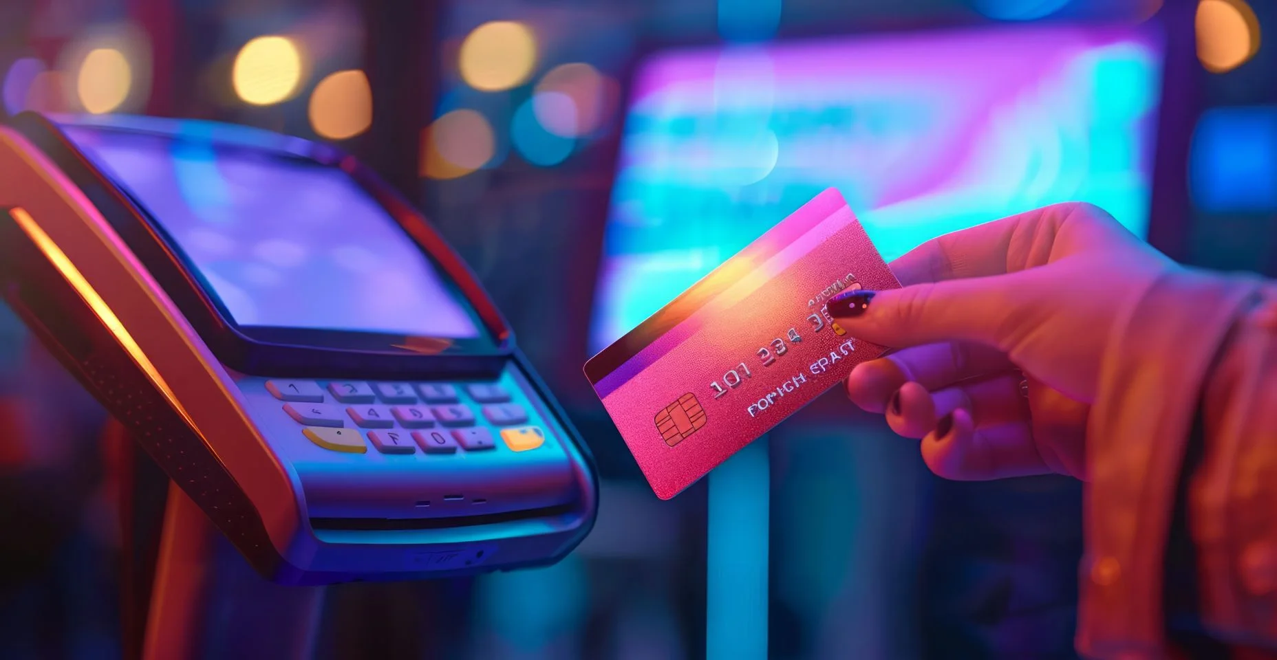 Uma cena futurística com um cartão de crédito brilhante e sem contato em poder de um cliente, ativando um terminal de pagamento sem toque com telas holográficas