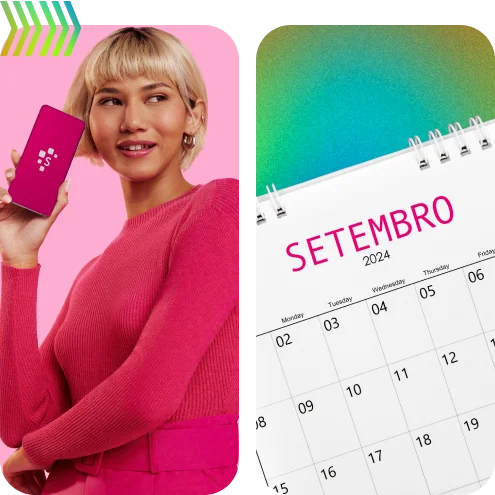 mulher segurando um celular com o logo da serasa e ao lado tem uma montagem com o calendário no mês de setembro