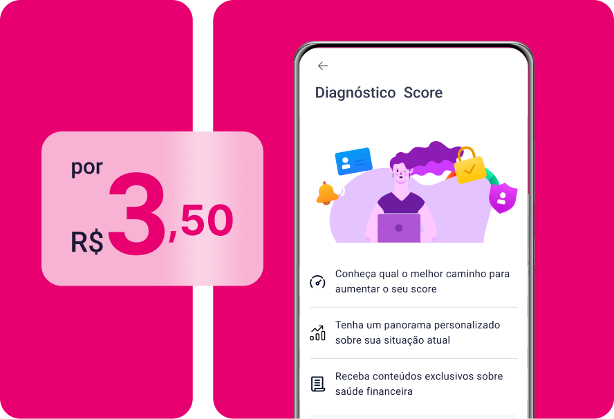 Tela de smartphone sobre Diagnóstico Score Serasa e valores.