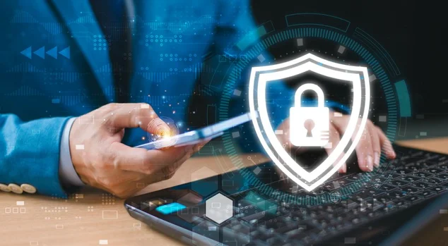 Cyber security privacy concept. Lock icon and internet network secure technology to protect data information. Businessman show person data info protection on smartphone, virtual screen network tech