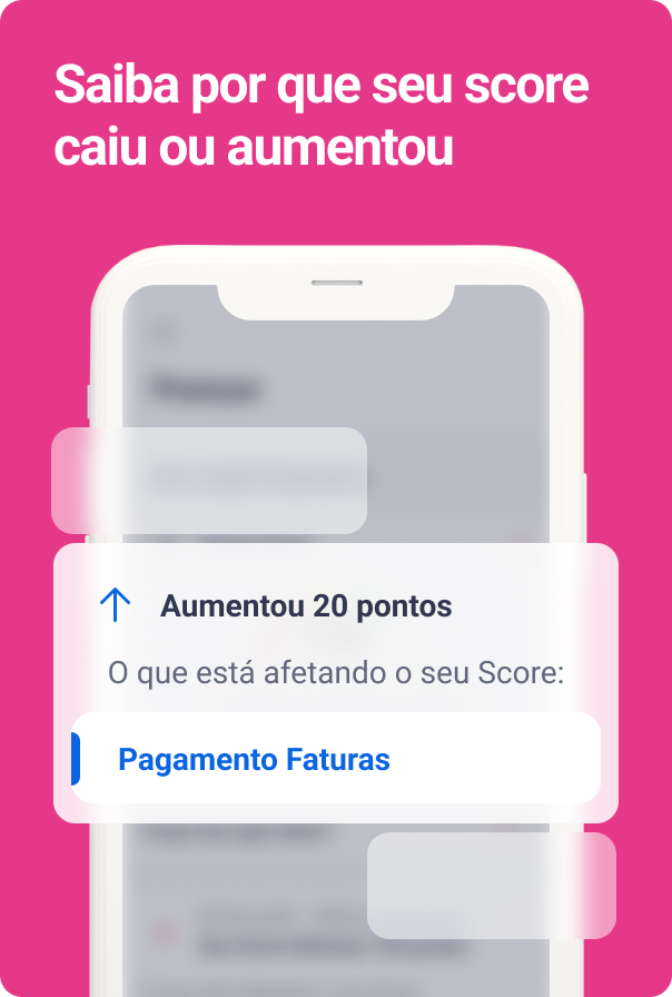 Bloco com título "Saiba por que seu score caiu ou aumentou", seguido de uma imagem do aplicativo Serasa indicando que o pagamento de faturas aumentou 20 pontos no Score do usuário.