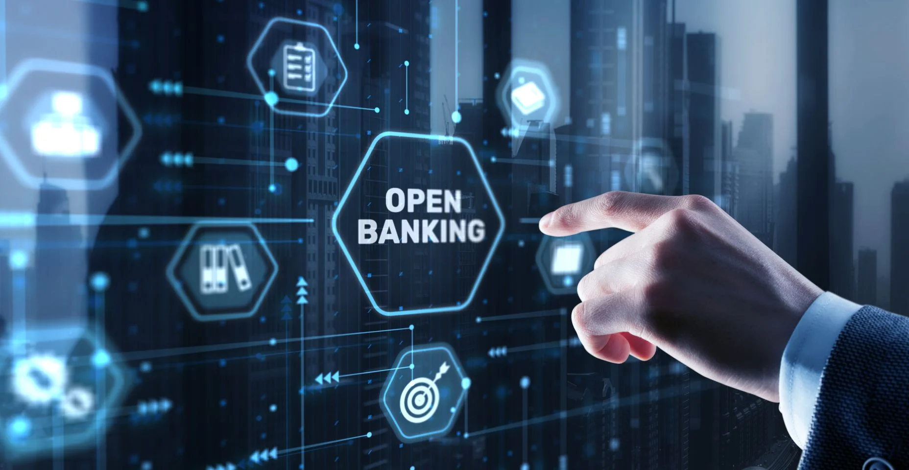 Empresário está tocando holograma open banking. Conceito de Finanças Tecnológicas