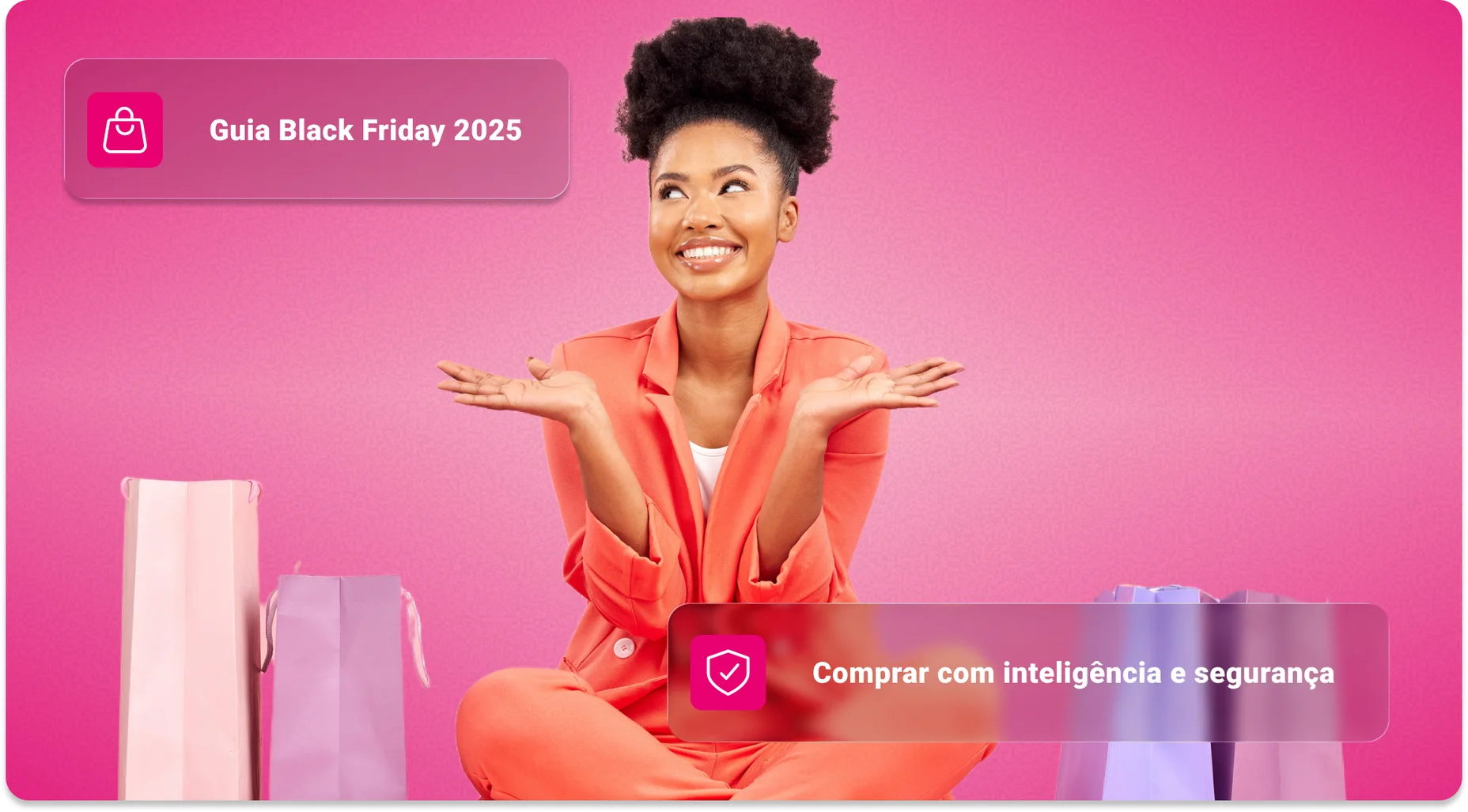 Mulher, saco de compras e sorriso no chão do estúdio, ideia ou pensamento para negócio, venda ou escolha por fundo rosa.